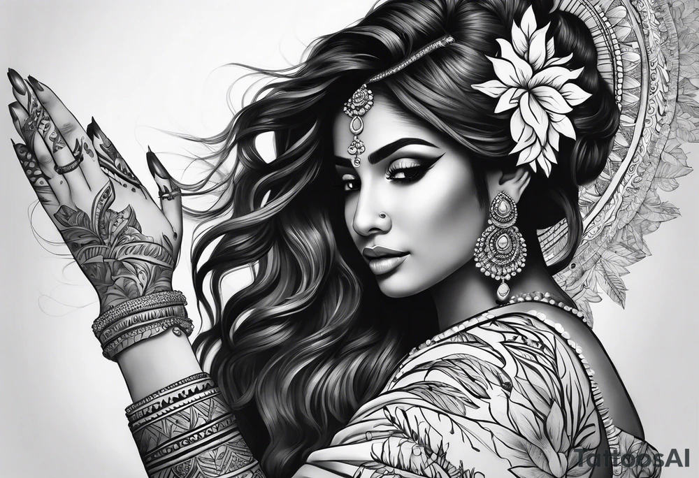 Please design a full sleeve tatto starting on my hand with a beautiful indian woman going up my arm will be her hair wrapping around my arm mixed with floral tattoo idea