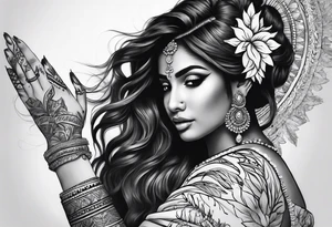 Please design a full sleeve tatto starting on my hand with a beautiful indian woman going up my arm will be her hair wrapping around my arm mixed with floral tattoo idea