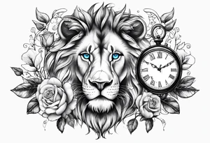 Clocks, with roses and lion with blue eyes tattoo idea
