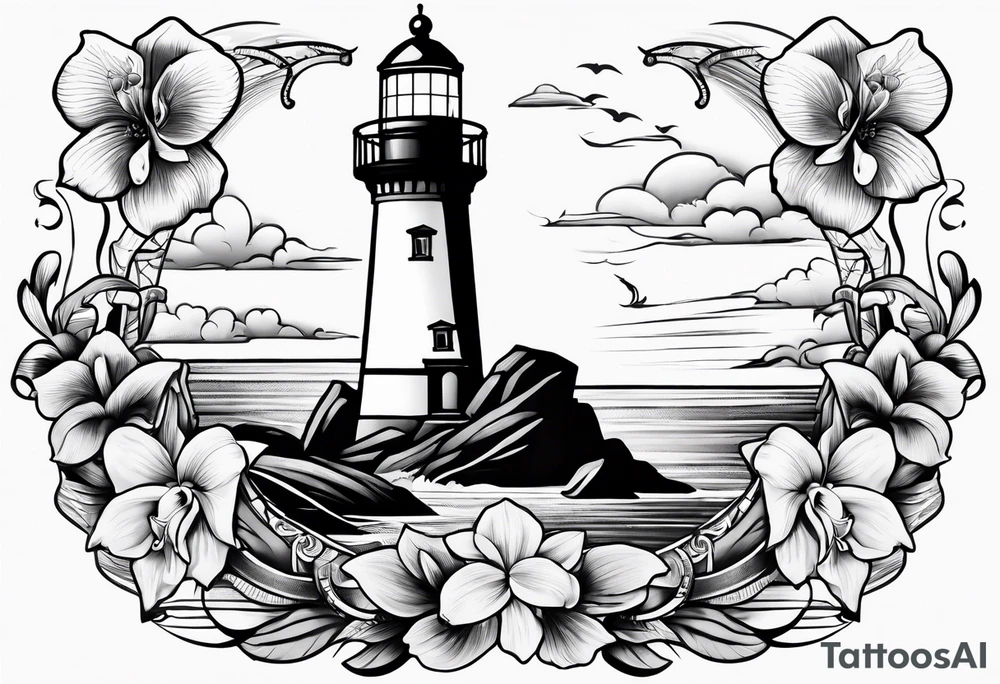 Lighthouse and an anchor and orchids tattoo idea