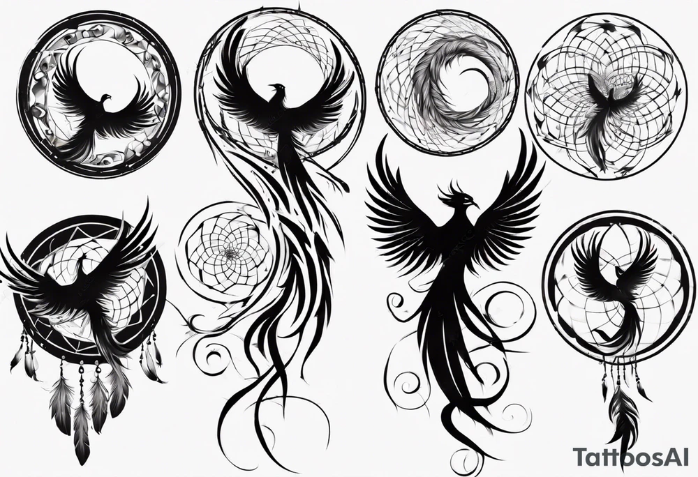 Vertical Phoenix in circles with abstract dream catcher tail tattoo idea Vertical Phoenix in circles with abstract dream catcher tail tattoo idea