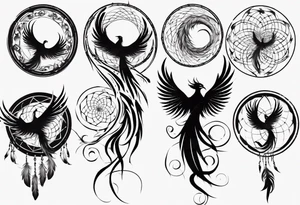 Vertical Phoenix in circles with abstract dream catcher tail tattoo idea