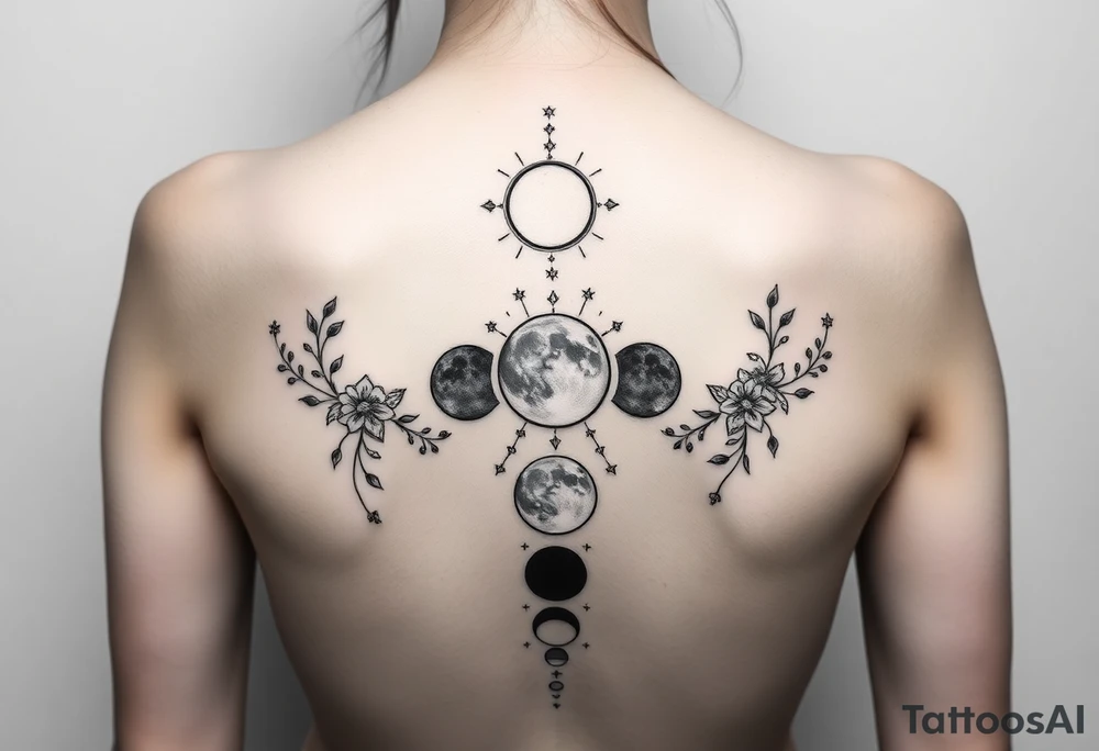 new moon, waxing crescent, first quarter, waxing gibbous, full moon, waning gibbous, last quarter, and waning crescent going down the spine vertically each represent different phases of the moon individually with flowers and vines and stars around it going up and down the sides 
Like the 4th one but more vines on the sides tattoo idea