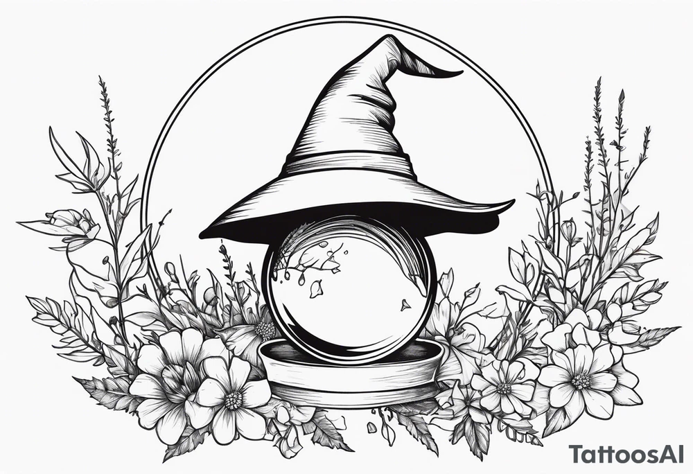 Witch hat balanced on top of a crystal ball sitting on wildflowers tattoo idea