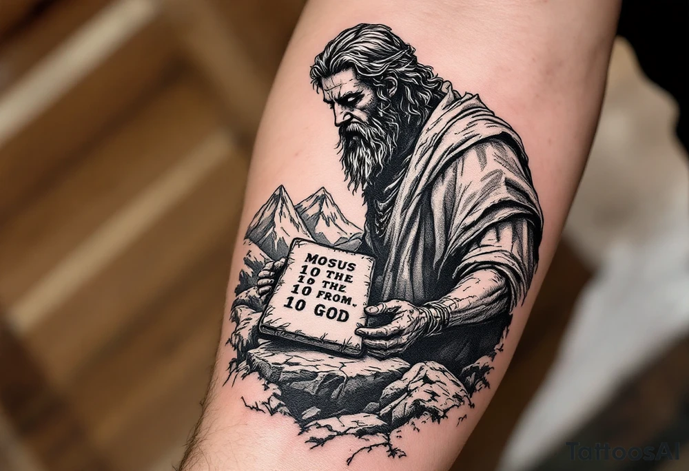 Moses holds the 10 commandments on a stone tablet on the mountains and receives them from god tattoo idea