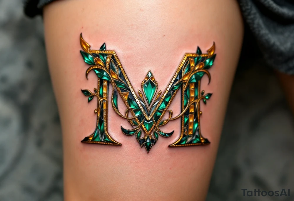 A mosaic-style "M" made of gold and emerald tiles, creating a royal effect. tattoo idea