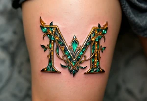 A mosaic-style "M" made of gold and emerald tiles, creating a royal effect. tattoo idea
