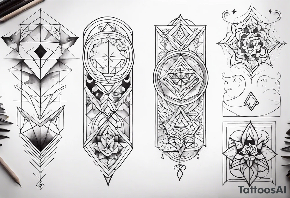 front knee tattoo with geometry, swirls & washes, background washes tattoo idea