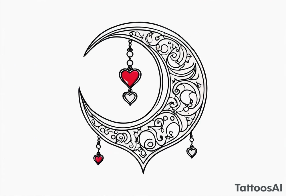 Crescent moon with heart shaped jewels dangling from the bottom of it tattoo idea