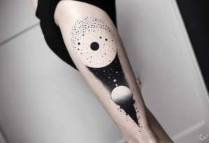 An outer space themed minimalist calf sleeve tattoo incorporating the quote, "Made for another world" in typewriter font tattoo idea