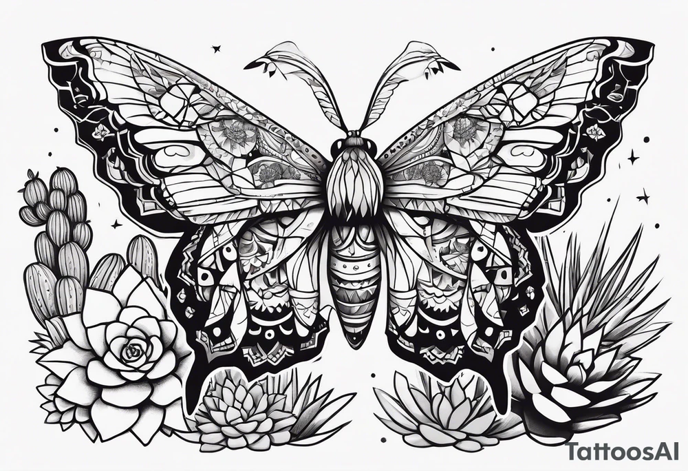 Modern Mexican style small moth in flight over a desert garden with cactus and small succulents tattoo idea