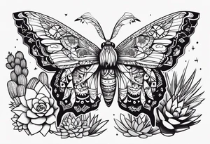Modern Mexican style small moth in flight over a desert garden with cactus and small succulents tattoo idea
