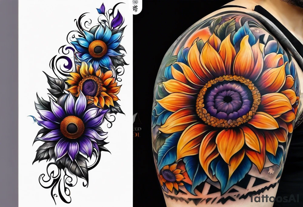 Full leg sleeve with purple, orange and blue sunflowers tattoo idea