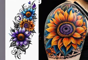Full leg sleeve with purple, orange and blue sunflowers tattoo idea