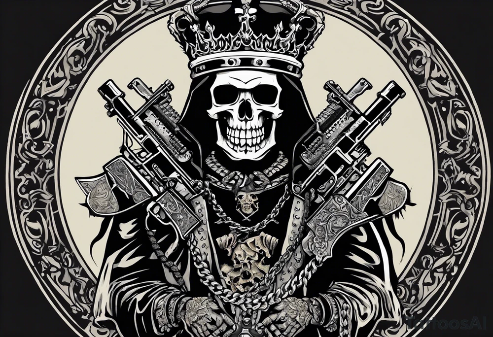 image of a skeleton standing frontally with a crown on his head, holding an AK-47 on his shoulder with his right hand. The chain on the left should be taut, there are three angry barking Dobermans in it, near the waist tattoo idea
