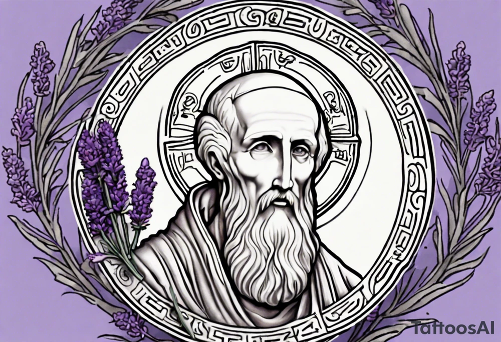 I'm seeking a custom tattoo design featuring a faithful and precise representation of the Saint Benedict medal, surrounded by delicately intertwined lavender flowers to create a harmonious and aesthetically pleasing composition. The focus should be on maintaining the authenticity of the Saint Benedict medal, while incorporating the serene beauty of lavender blooms around it. Additionally, the design should be in black and white to ensure a classic and timeless aesthetic. The goal is to achieve a balance that captures the symbolic essence of the medal within a visually appealing and monochromatic tattoo. tattoo idea
