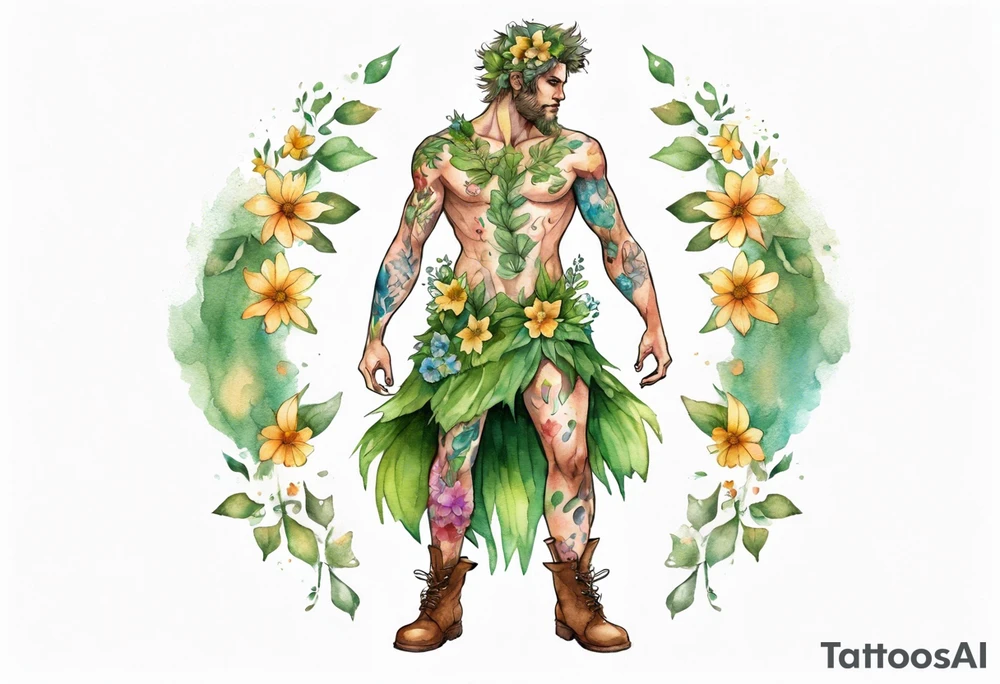 a male dryad covered in flowers wearing a leafy skirt and boots made from tree bark tattoo idea