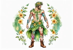 a male dryad covered in flowers wearing a leafy skirt and boots made from tree bark tattoo idea