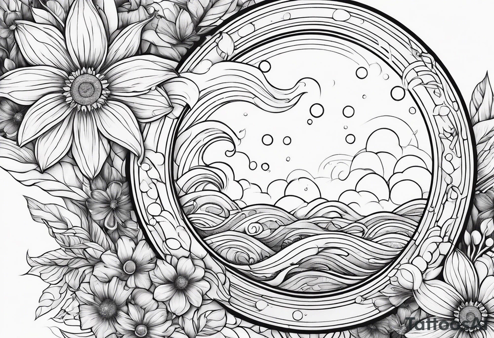 Water element, with half a sun, some flowers and water dots tattoo idea