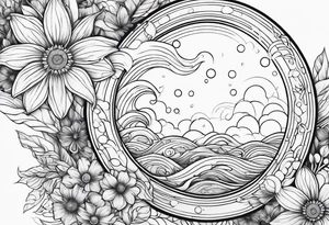 Water element, with half a sun, some flowers and water dots tattoo idea