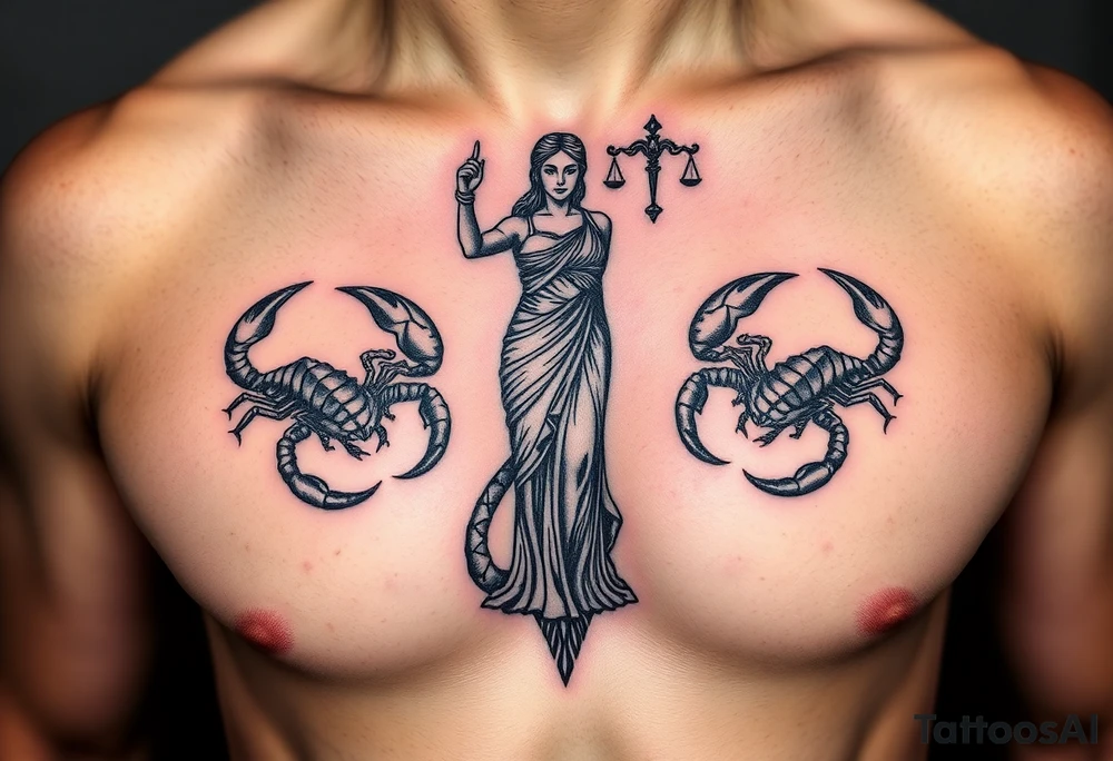 The figure of Lady Justice next to two Scorpions tattoo idea