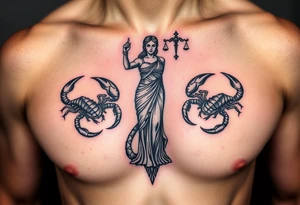 The figure of Lady Justice next to two Scorpions tattoo idea