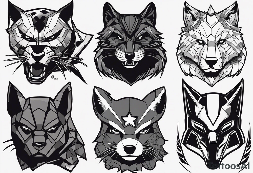 I want to change Avengers Team characters with animals. Hulk will be Badger, Thor will be Alpha Grey Wolf, Captain America will be Bull, Iron Man will be Canary, Black Widow will be Axolotl, Hawk Eye will be Sudan Plated Lizard and Nick Fury will be Cat. tattoo idea