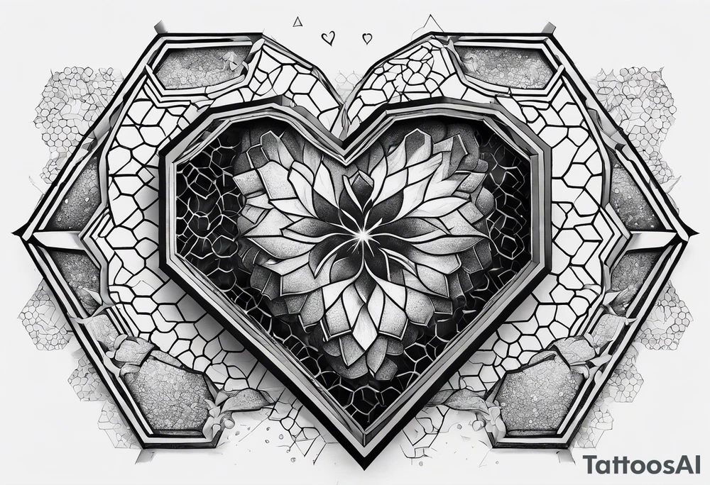 hexagon chest heart  surrounded by hexagons tattoo idea