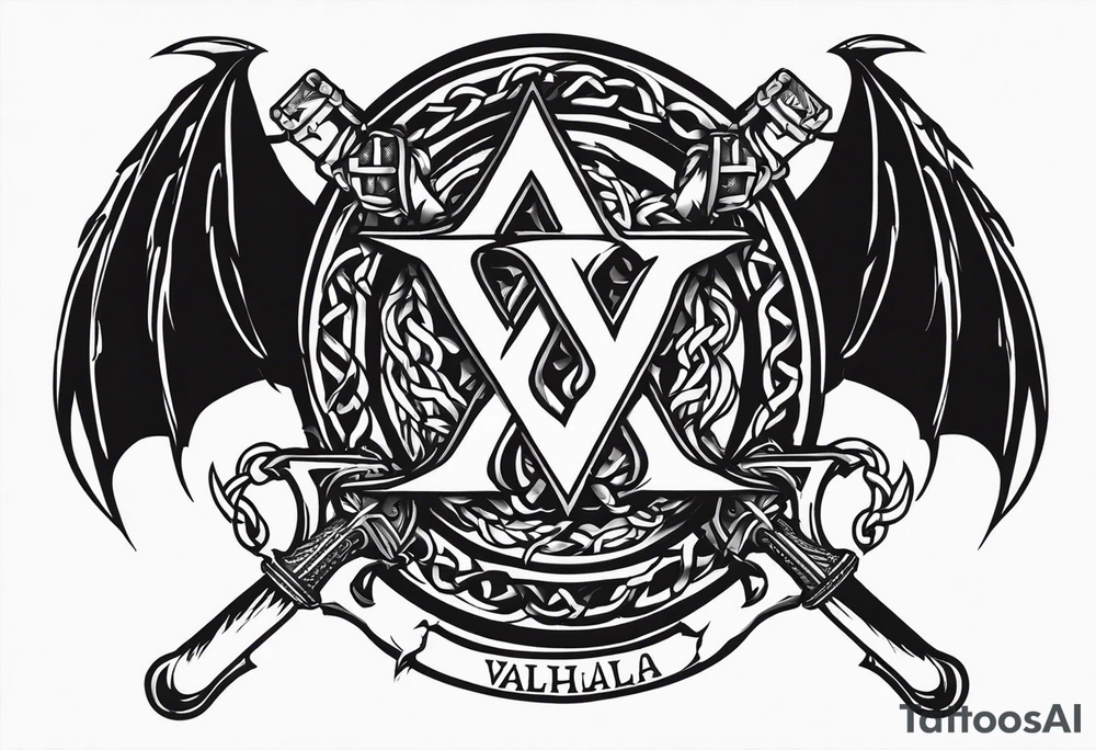 Valhalla sword shield dragon axe Valknut barbed wire chains fire tattoo idea