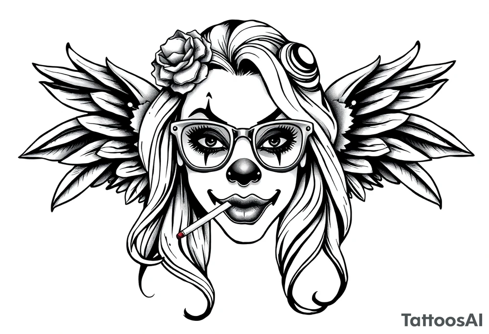 beautiful long hair pin up Clown face Girl payasa  thug eyeglasses  angelic wings smoking a cigarette tattoo idea