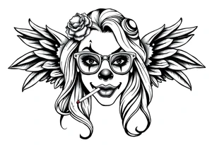 beautiful long hair pin up Clown face Girl payasa  thug eyeglasses  angelic wings smoking a cigarette tattoo idea