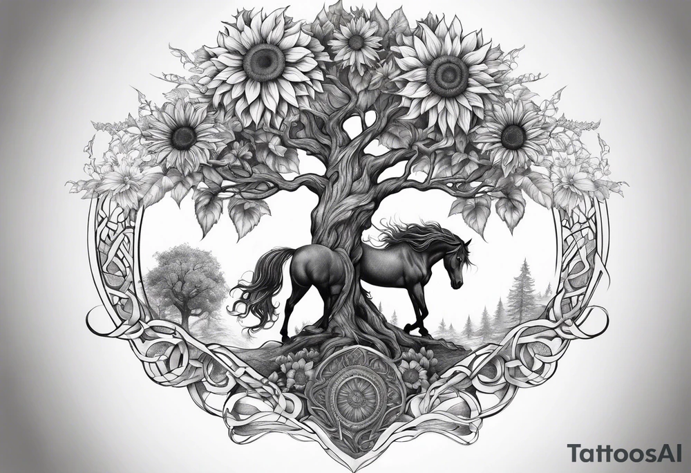 Yggdrasil tree, horse, sunflower tattoo idea
