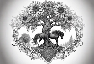 Yggdrasil tree, horse, sunflower tattoo idea
