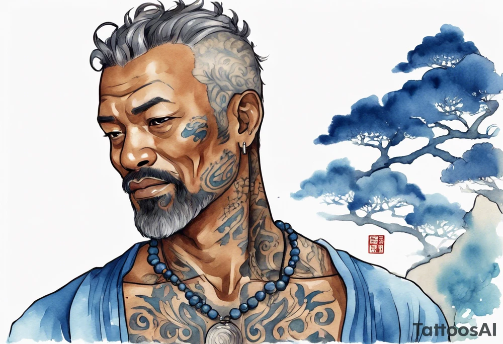 a handsome brown-skinned middle-aged man with short salt-and-pepper hair wearing a blue tunic tattoo idea