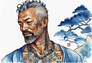 a handsome brown-skinned middle-aged man with short salt-and-pepper hair wearing a blue tunic tattoo idea