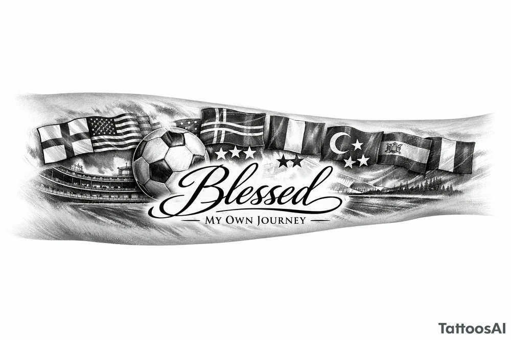 Football related my own journey England USA Iceland Italy Spain Turkey France Hungary flags inside forearm can u put 3 stars under iceland , 2 under turkey and italy
And quote in middle blessed tattoo idea