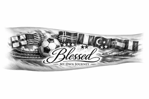 Football related my own journey England USA Iceland Italy Spain Turkey France Hungary flags inside forearm can u put 3 stars under iceland , 2 under turkey and italy
And quote in middle blessed tattoo idea