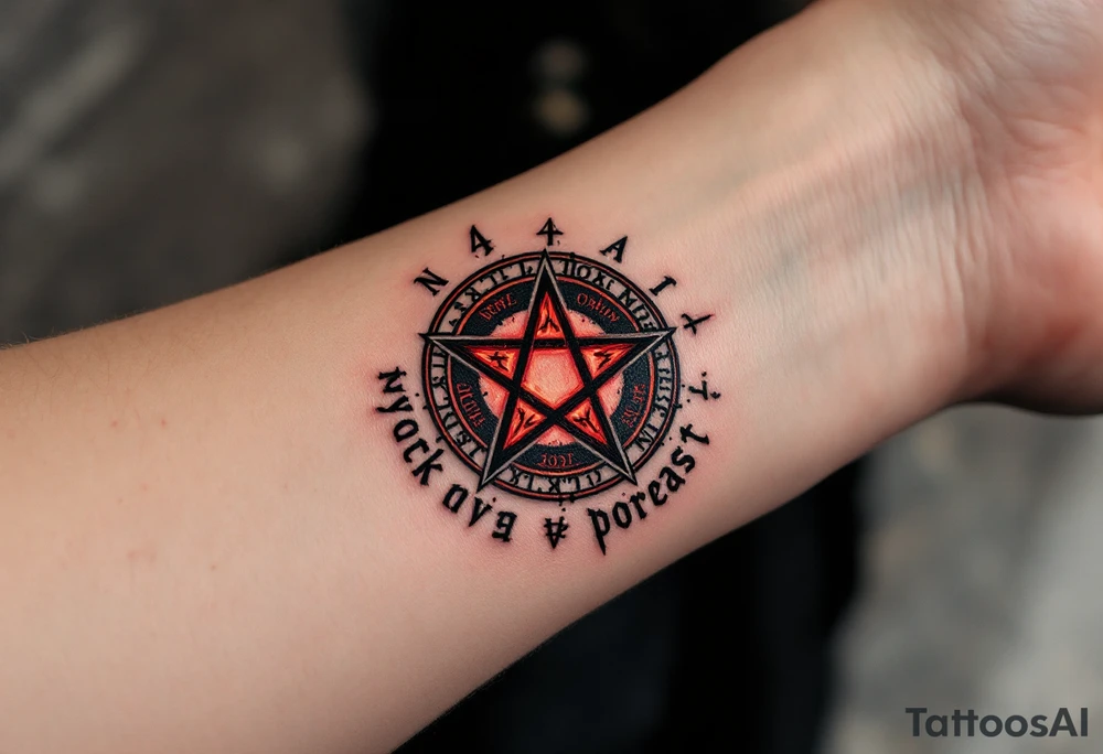 A blackened inverted pentagram - five-pointed star with deep crimson flames, surrounded by ancient runes glowing in dark red. tattoo idea