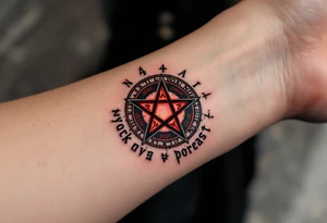 A blackened inverted pentagram - five-pointed star with deep crimson flames, surrounded by ancient runes glowing in dark red. tattoo idea