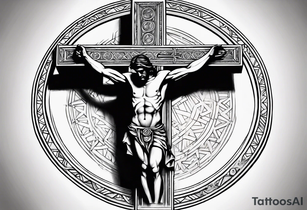 Roman numerals and crucified man inside circle tattoo idea Roman numerals and crucified man inside circle tattoo idea