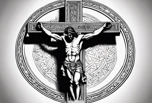 Roman numerals and crucified man inside circle tattoo idea