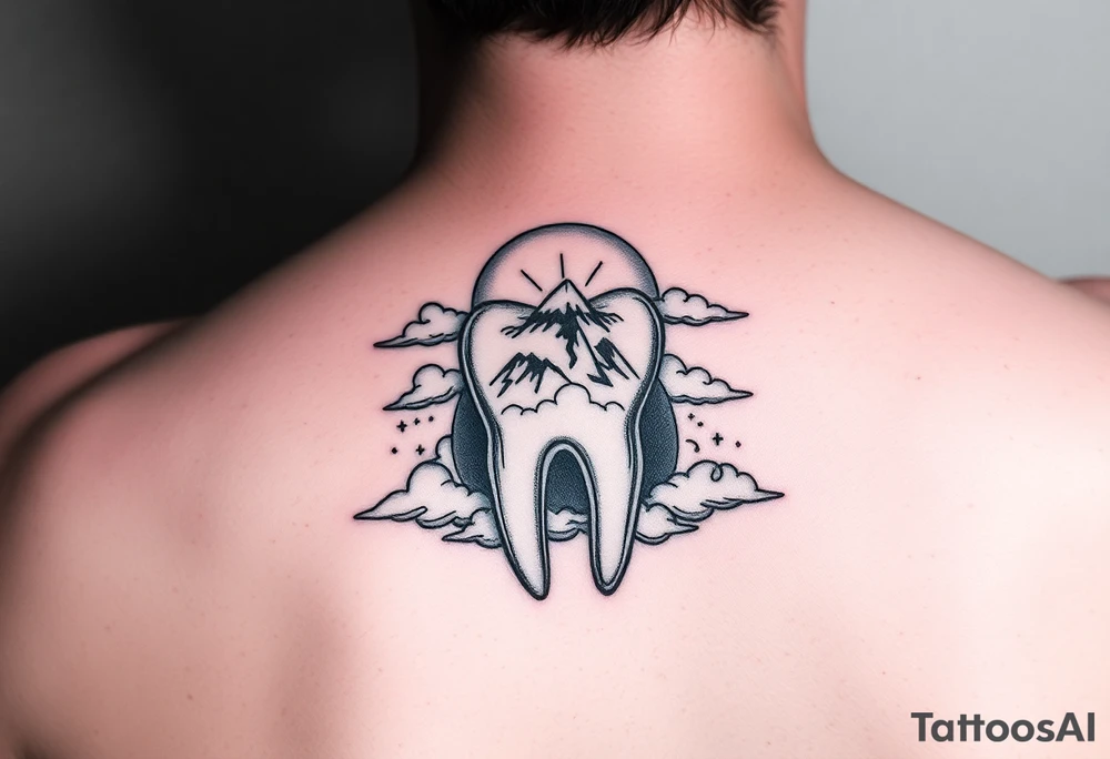 A molar tooth carved like a tiny mountain surrounded by clouds and a rising sun behind, black and gray illustrative tattoo.” tattoo idea