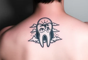 A molar tooth carved like a tiny mountain surrounded by clouds and a rising sun behind, black and gray illustrative tattoo.” tattoo idea
