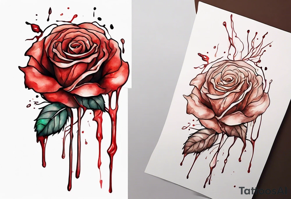 rose flower, one line, red blood dripping from the flower, tall, watercolor on brown skin tattoo idea