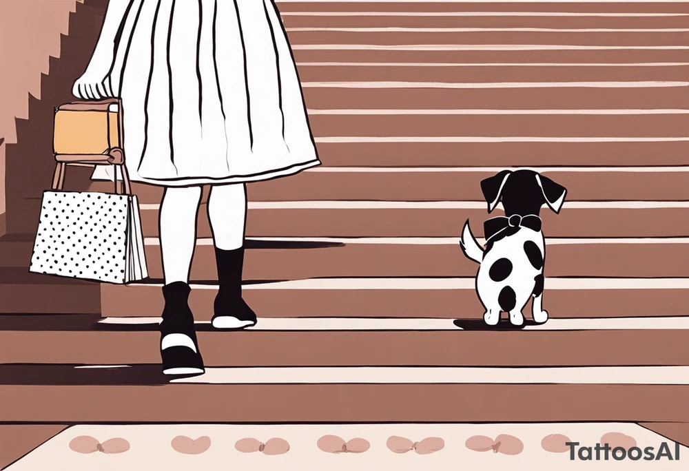 5 year old girl. Facing away and walking up steps which look like large books. The binding of the books being the front of the stairs. The girl has her hair partially up, with a bow securing her hair. She's wearing a puffy a-line, polka dot dress. In one hand, she's holding the arm of a stuffed dog, in the other she hold the hand of someone who's arm slowing disappears. tattoo idea