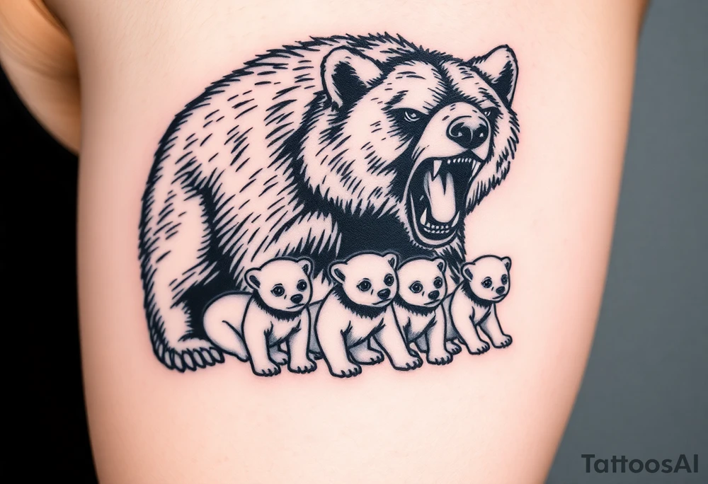 A detailed grizzly bear fiercely growling, looming over 4 cubs 3 girls and a boy. tattoo idea