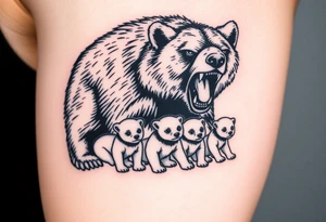 A detailed grizzly bear fiercely growling, looming over 4 cubs 3 girls and a boy. tattoo idea