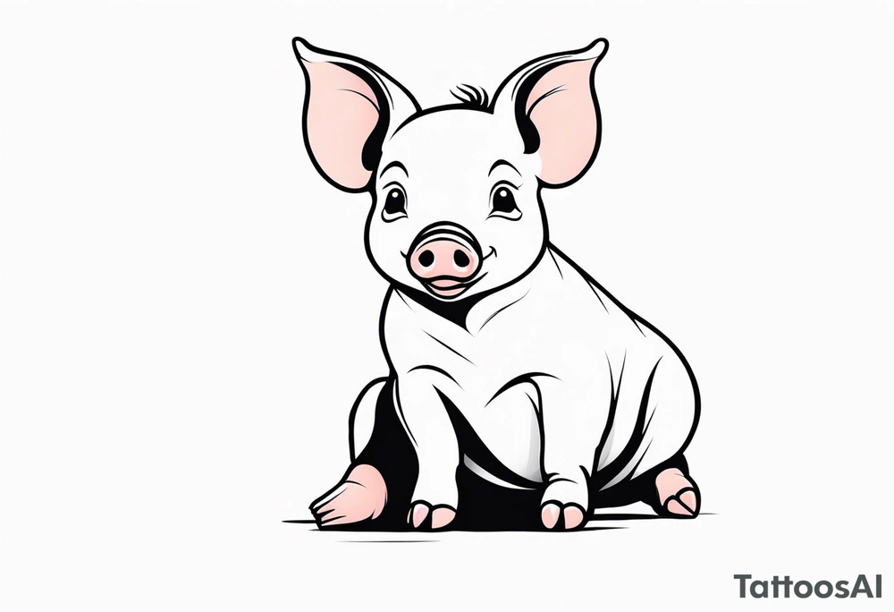 cute piglet sitting on bum. thin lines minimal shading, black and white only tattoo idea