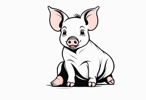 cute piglet sitting on bum. thin lines minimal shading, black and white only tattoo idea