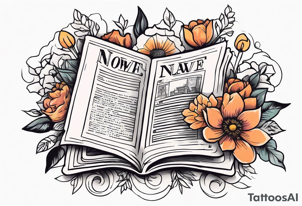 newspaper 
 surrounded by flowers tattoo idea